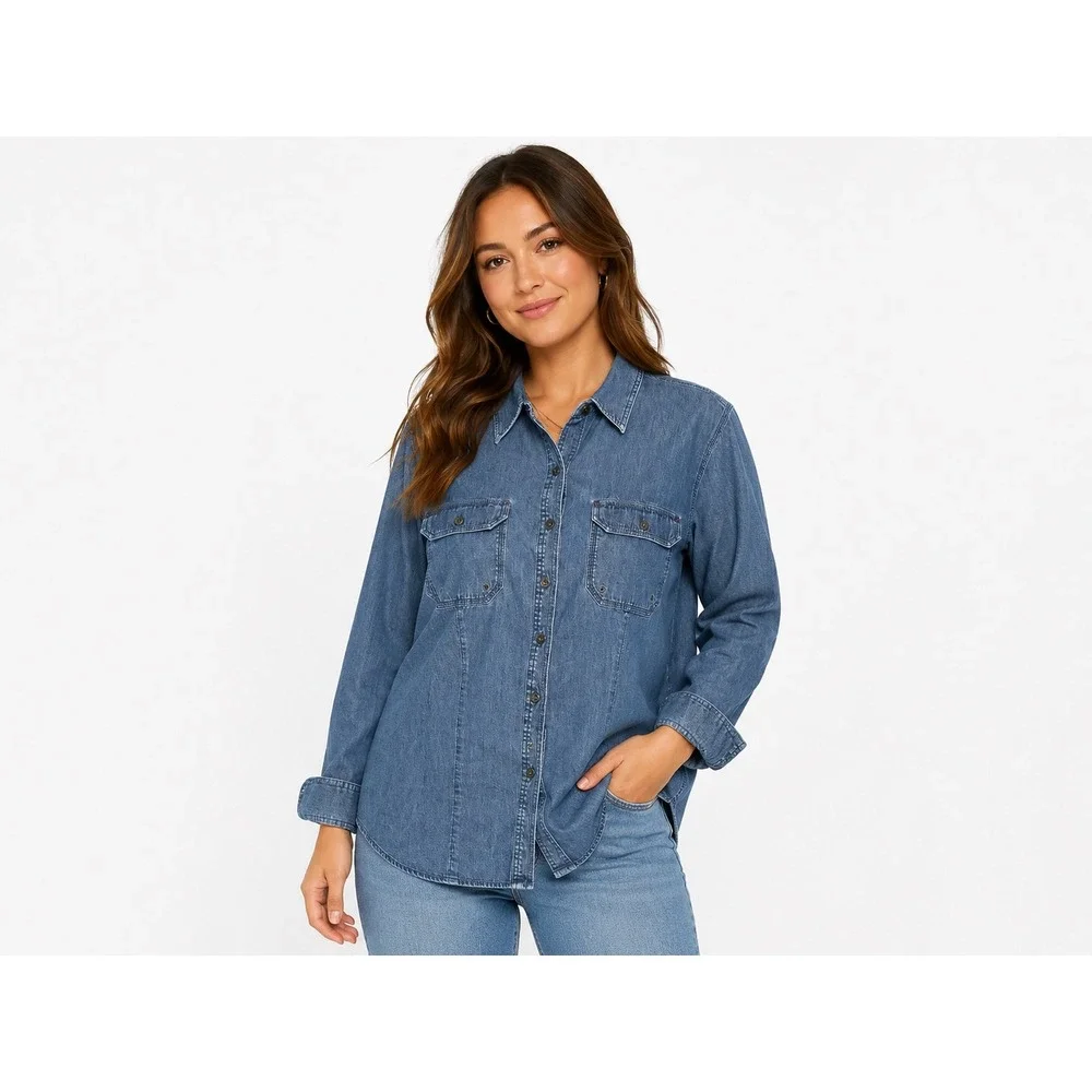 Lauren Jeans Co‎ Ralph Lauren Women's 1X Chambray Denim Button Front Shirt